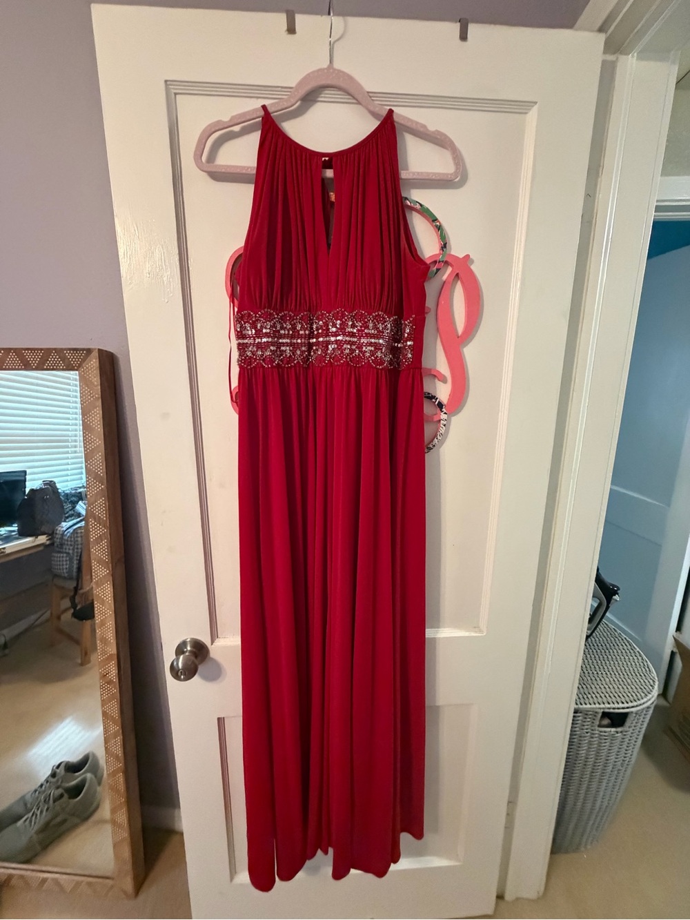 Red Beaded Empire Waist Evening Dress